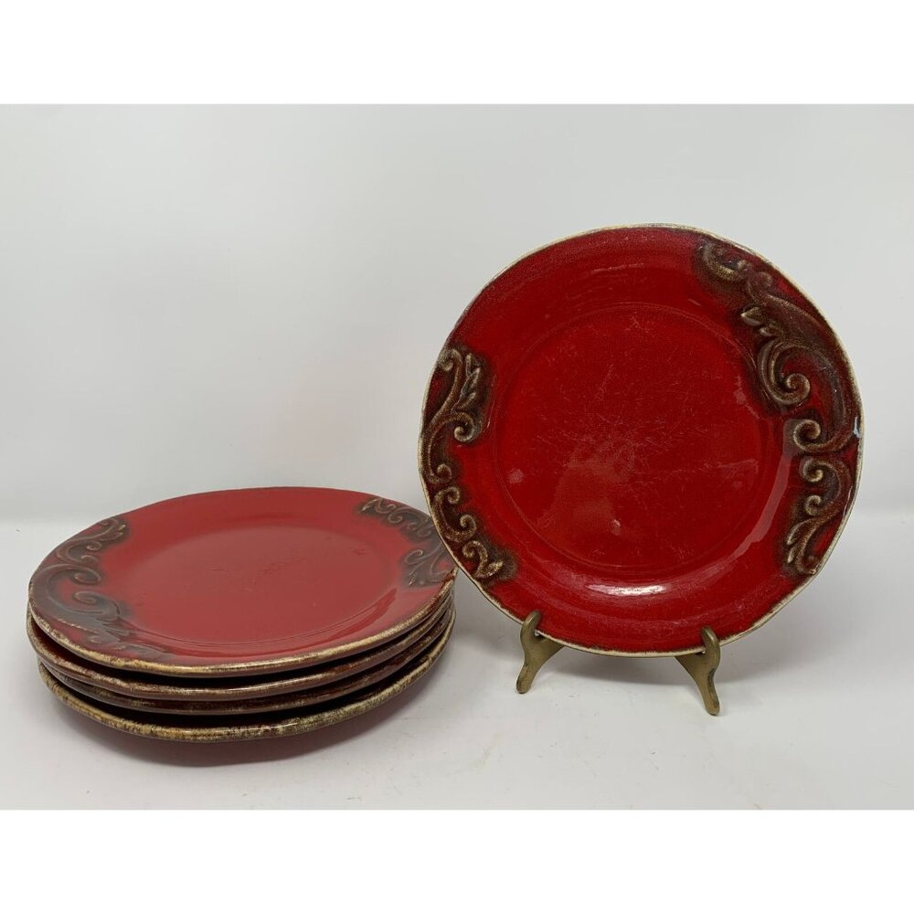PIER 1 IMPORTS VANIA Salad Plates ~ Set of 5 ~ Brown Scrolls on Red ~ Italy